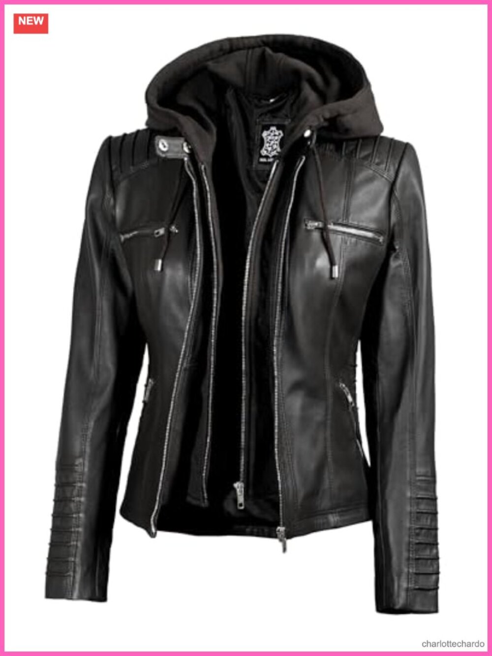 Lambskin Leather Jacket Women with Detachable Hood Zipper Pockets